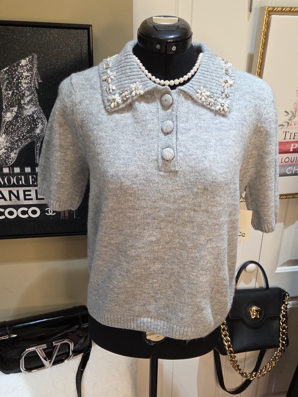 Nwt M CeCe Beaded Short Sleeve Sweater Gray